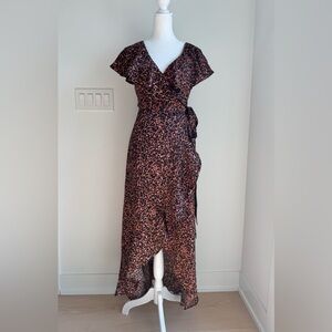 New Topshop ruffle wrap midi dress in brown animal women’s size 4